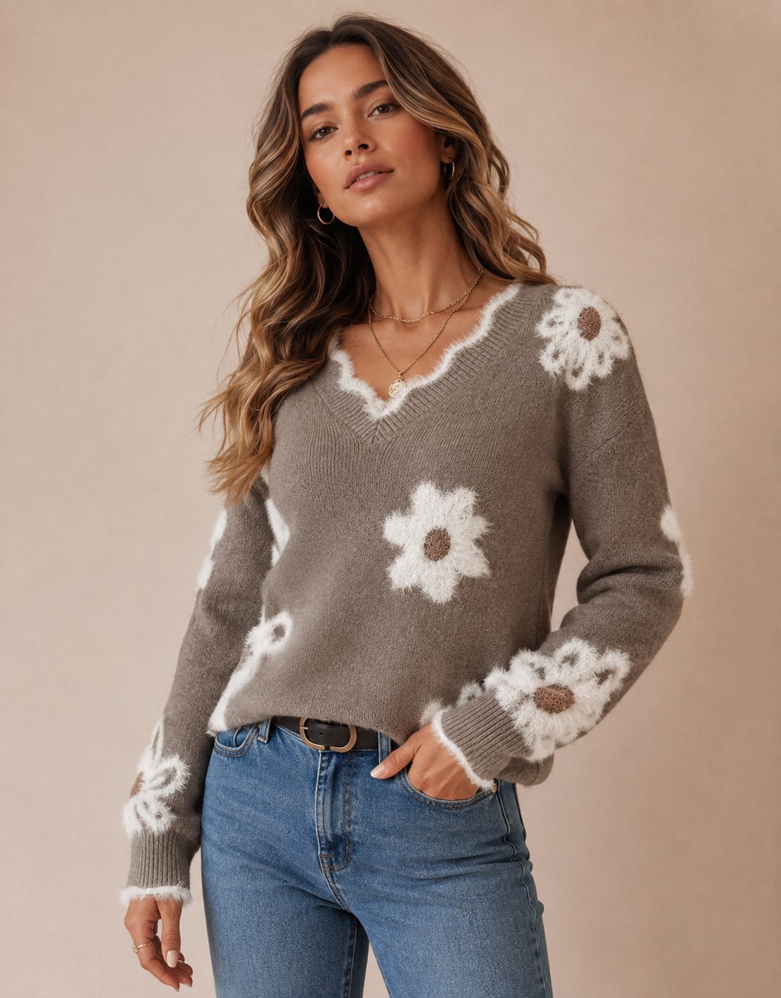 Pull V-neck en tricot floral pour femmes
