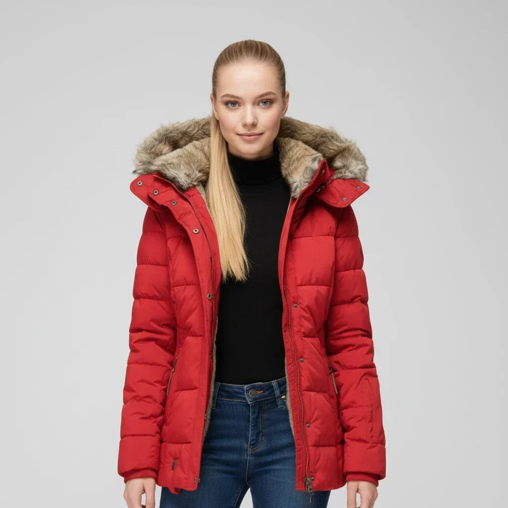 Veste matelassée à capuche pour femmes avec bordure en fausse fourrure