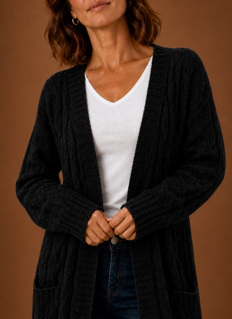 Cardigan long à capuche en tricot torsadé pour femmes