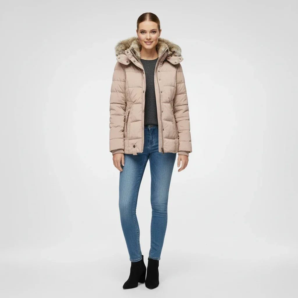 Veste matelassée à capuche pour femmes avec bordure en fausse fourrure
