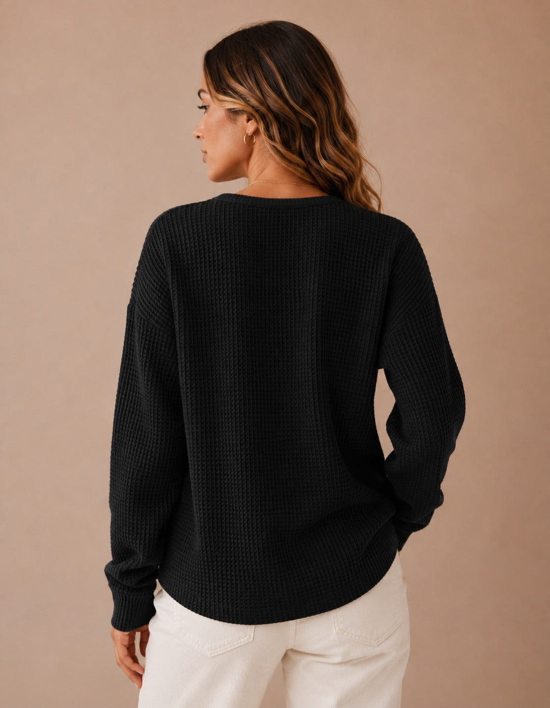 Pull Henley en Tricot Waffle pour Femmes