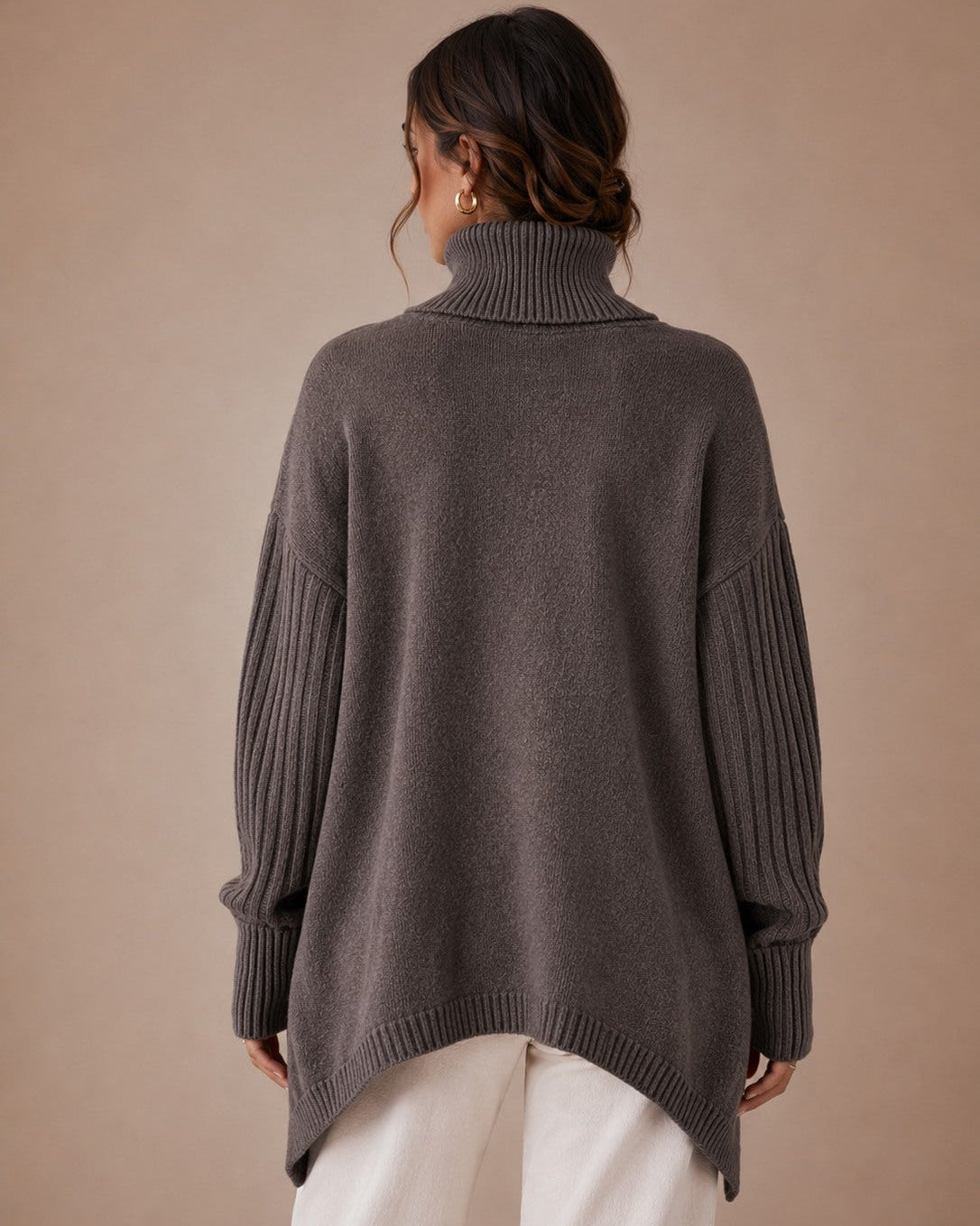 Pull long à col roulé pour femmes en tricot côtelé