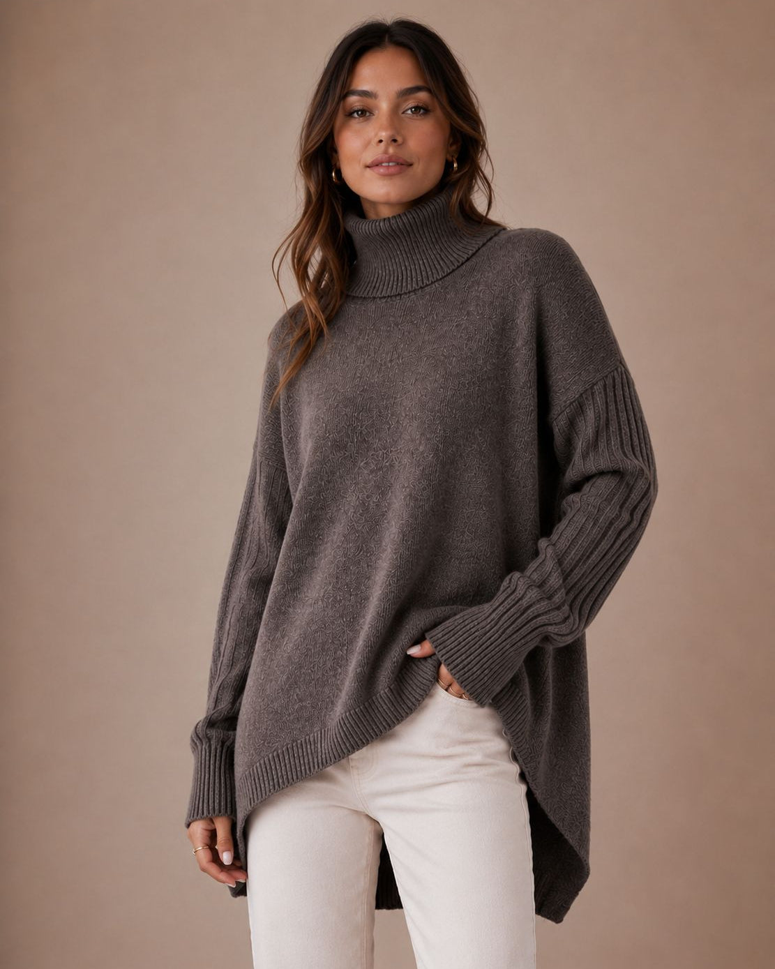 Pull long à col roulé pour femmes en tricot côtelé