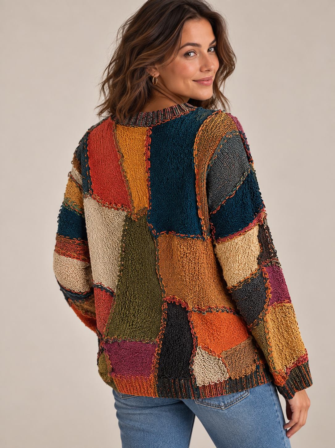 Pull en Patchwork avec Visage de Chat - Col Rond avec Manches Longues