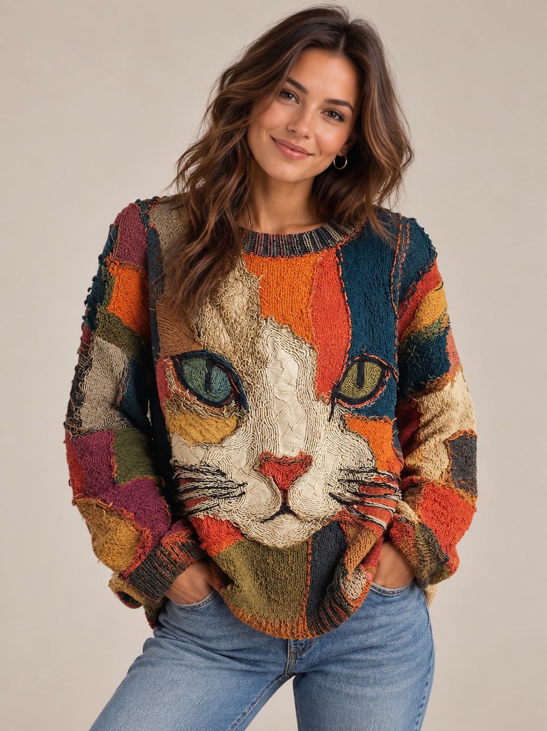 Pull en Patchwork avec Visage de Chat - Col Rond avec Manches Longues