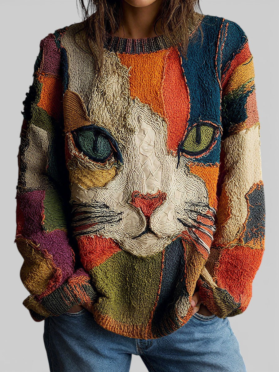 Pull en Patchwork avec Visage de Chat - Col Rond avec Manches Longues