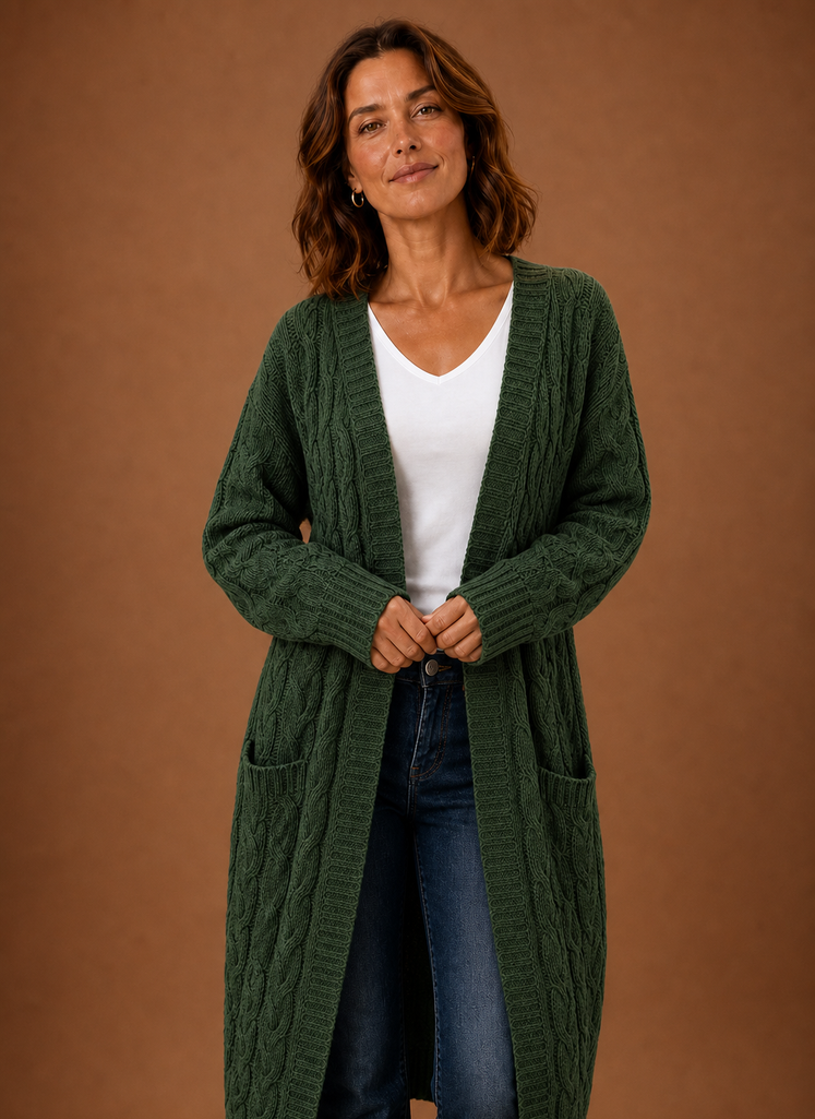 Cardigan long à capuche en tricot torsadé pour femmes