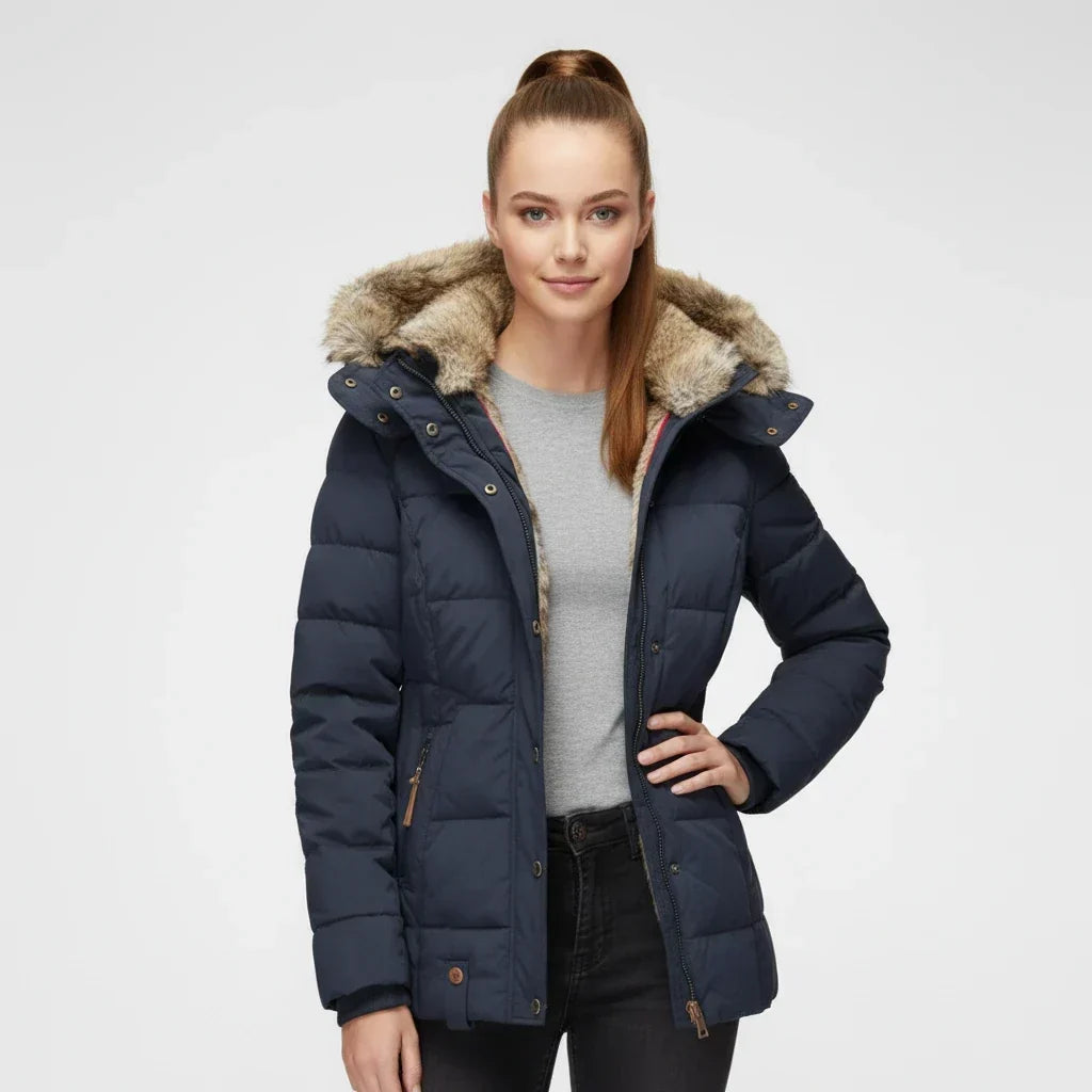 Veste matelassée à capuche pour femmes avec bordure en fausse fourrure