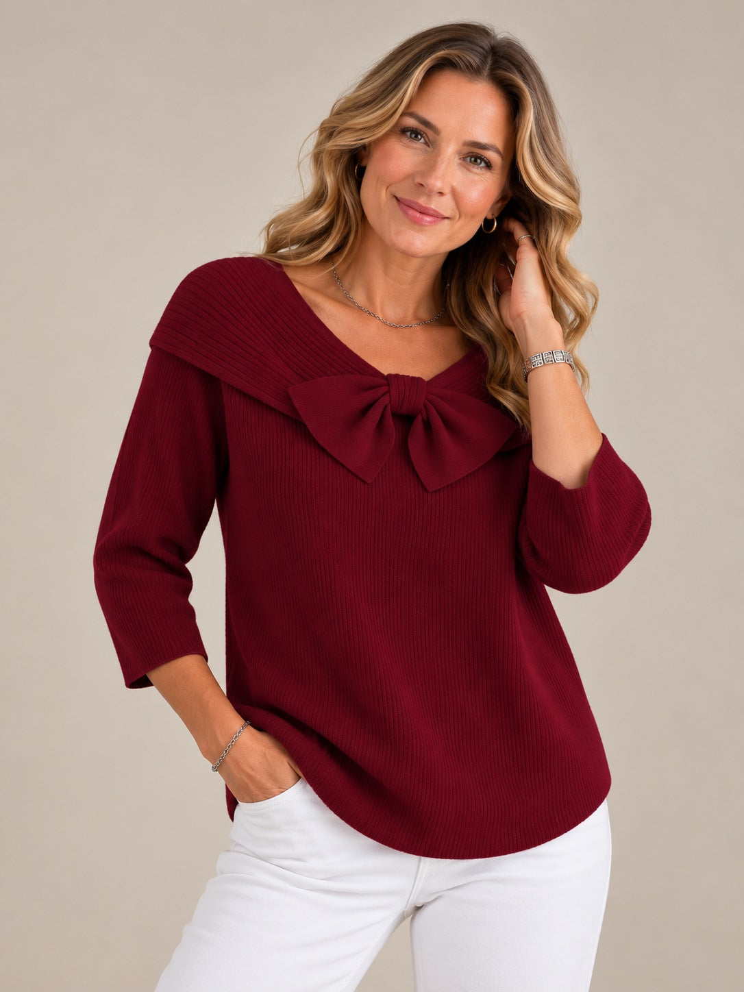Pull Ajusté avec Détail Nœud Élégant — Haut Tricoté Femme