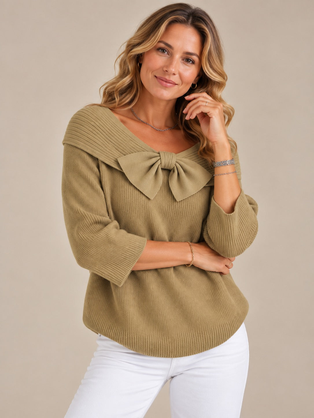 Pull Ajusté avec Détail Nœud Élégant — Haut Tricoté Femme