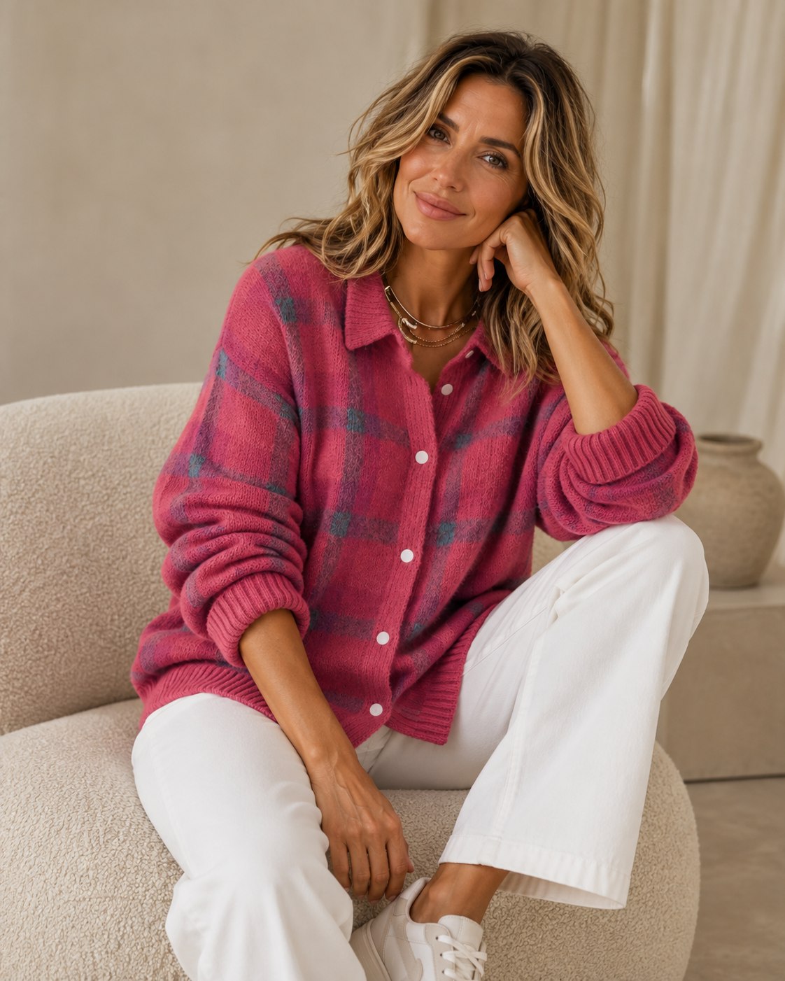 Gilet en Tricot à Carreaux pour Femmes — Design Rétro à Motif Check