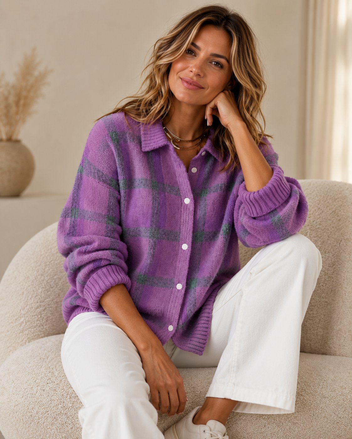 Gilet en Tricot à Carreaux pour Femmes — Design Rétro à Motif Check