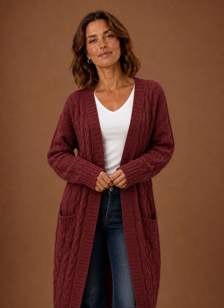 Cardigan long à capuche en tricot torsadé pour femmes