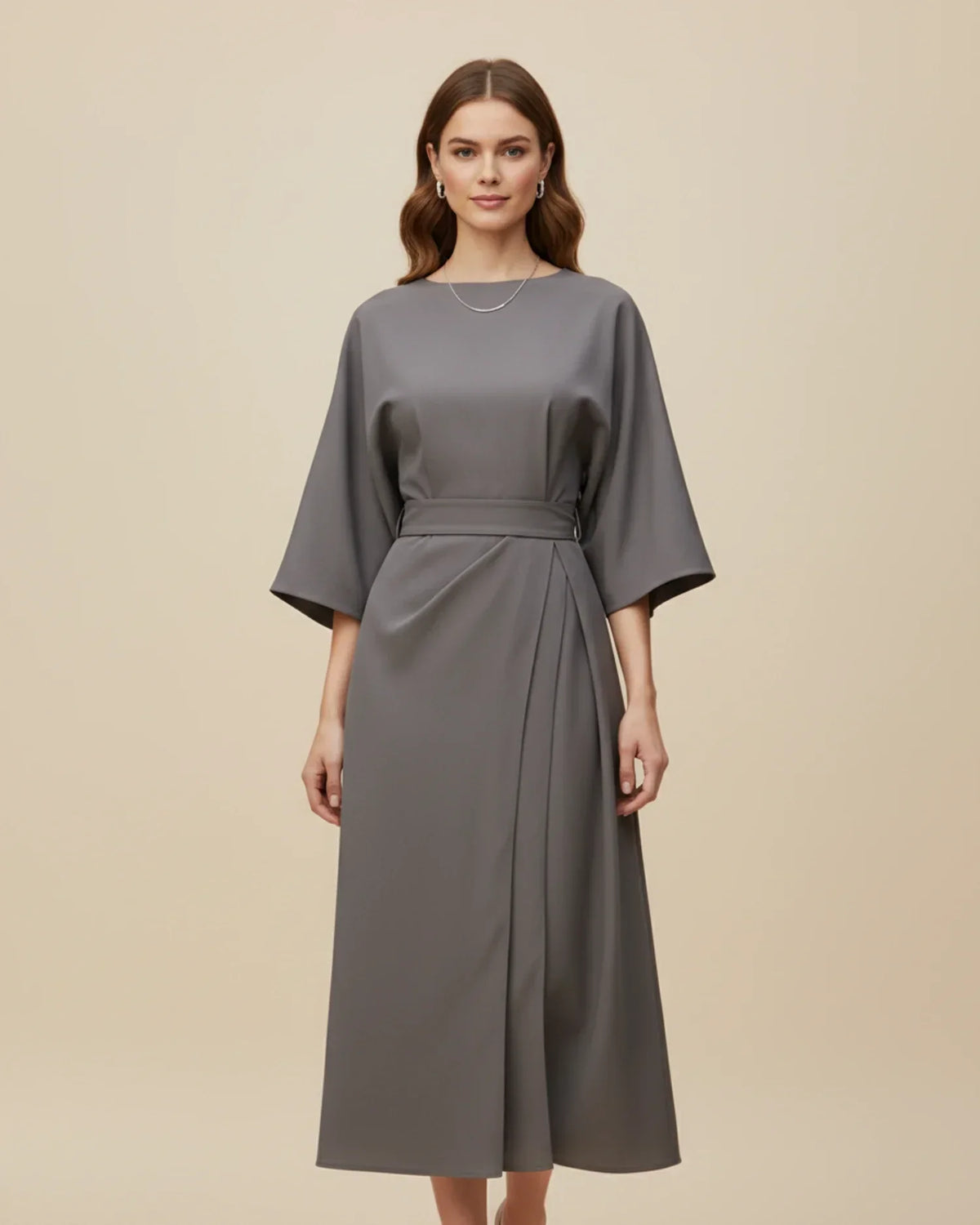Robe Midi Chic avec Manches Bouffantes et Design Croisé