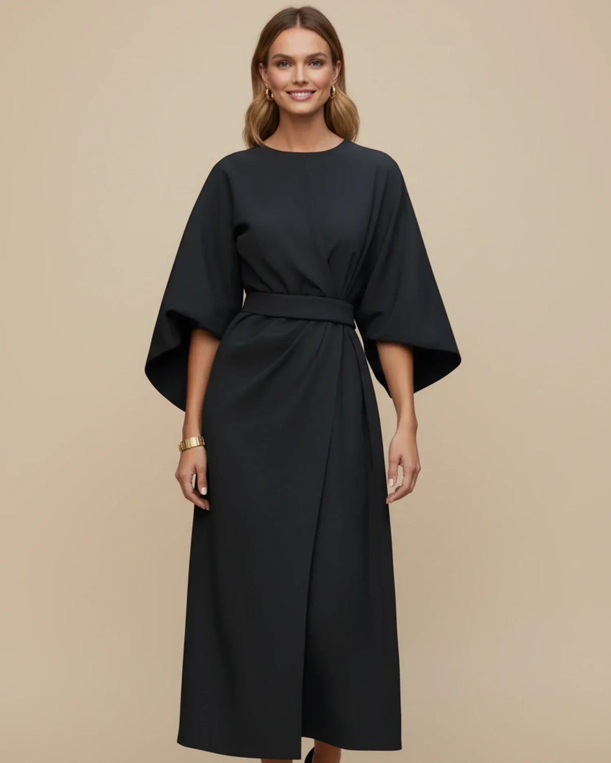 Robe Midi Chic avec Manches Bouffantes et Design Croisé