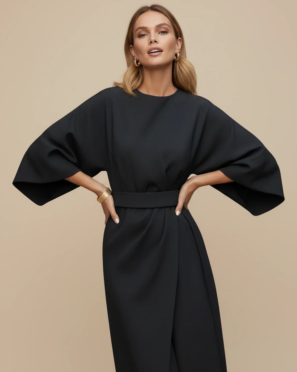 Robe Midi Chic avec Manches Bouffantes et Design Croisé