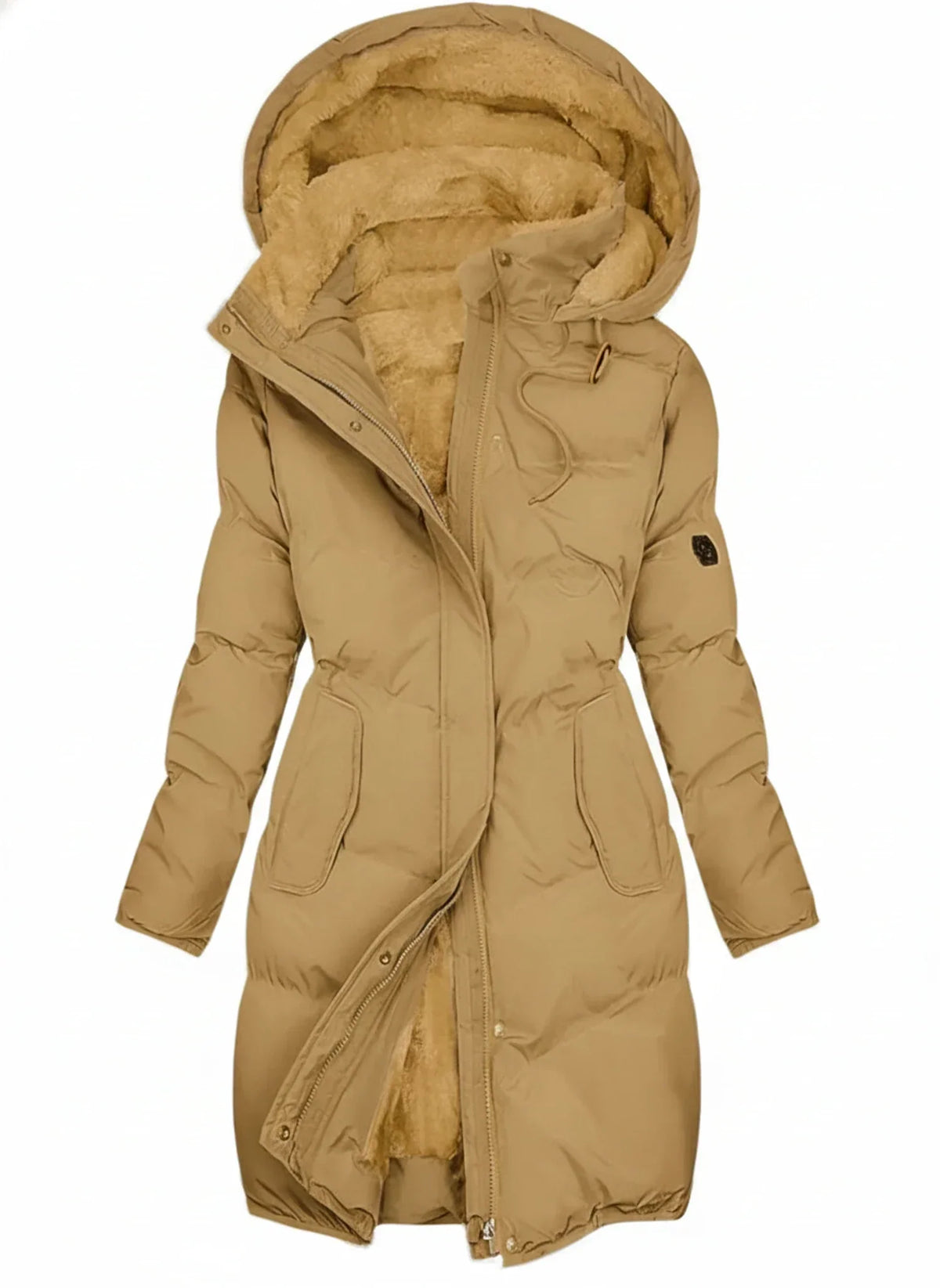 Manteau long en duvet à capuche pour femmes avec taille ajustable à cordon
