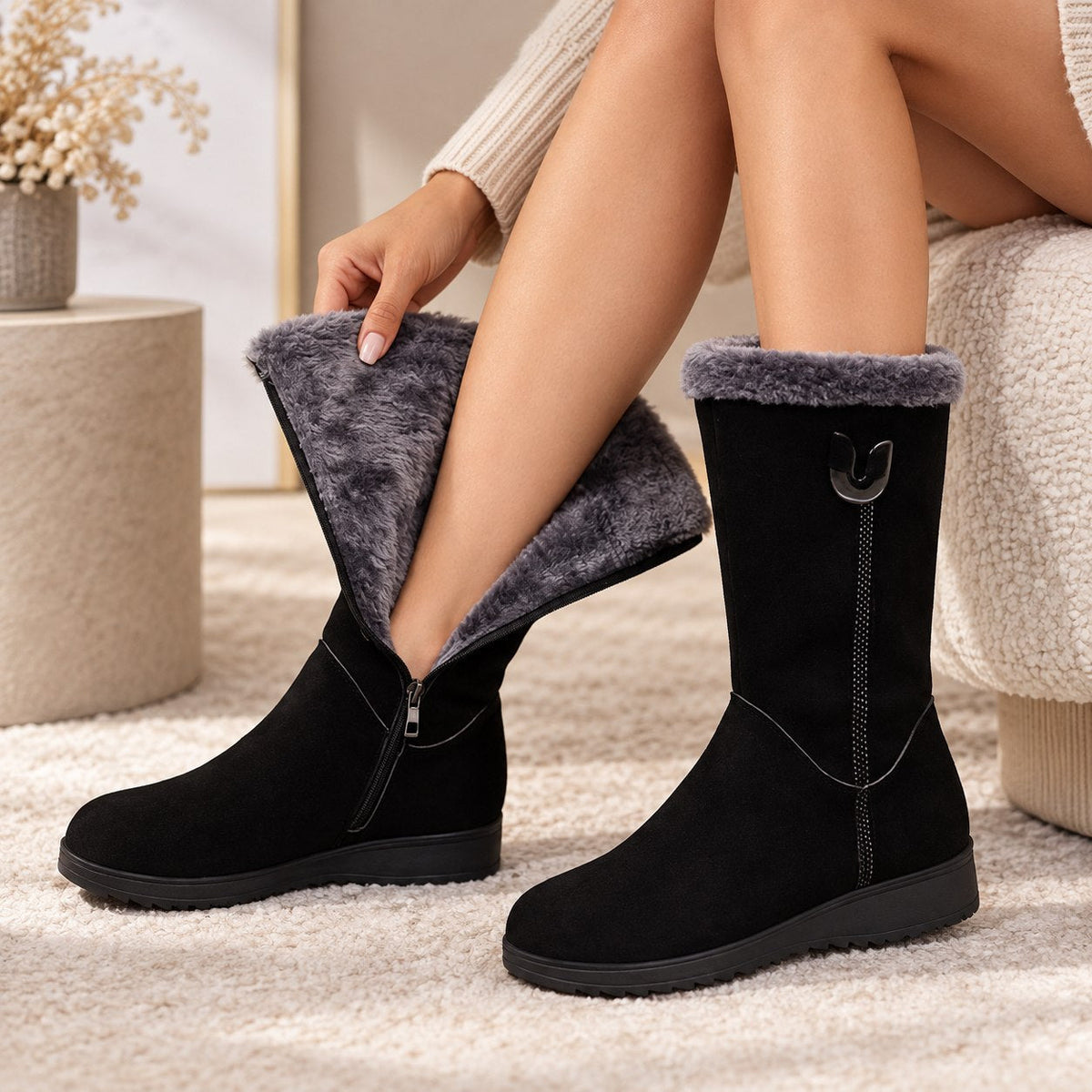 Bottes de Neige Mi-Mollet pour Femmes avec Manches en Fausse Fourrure et Design Enfiler