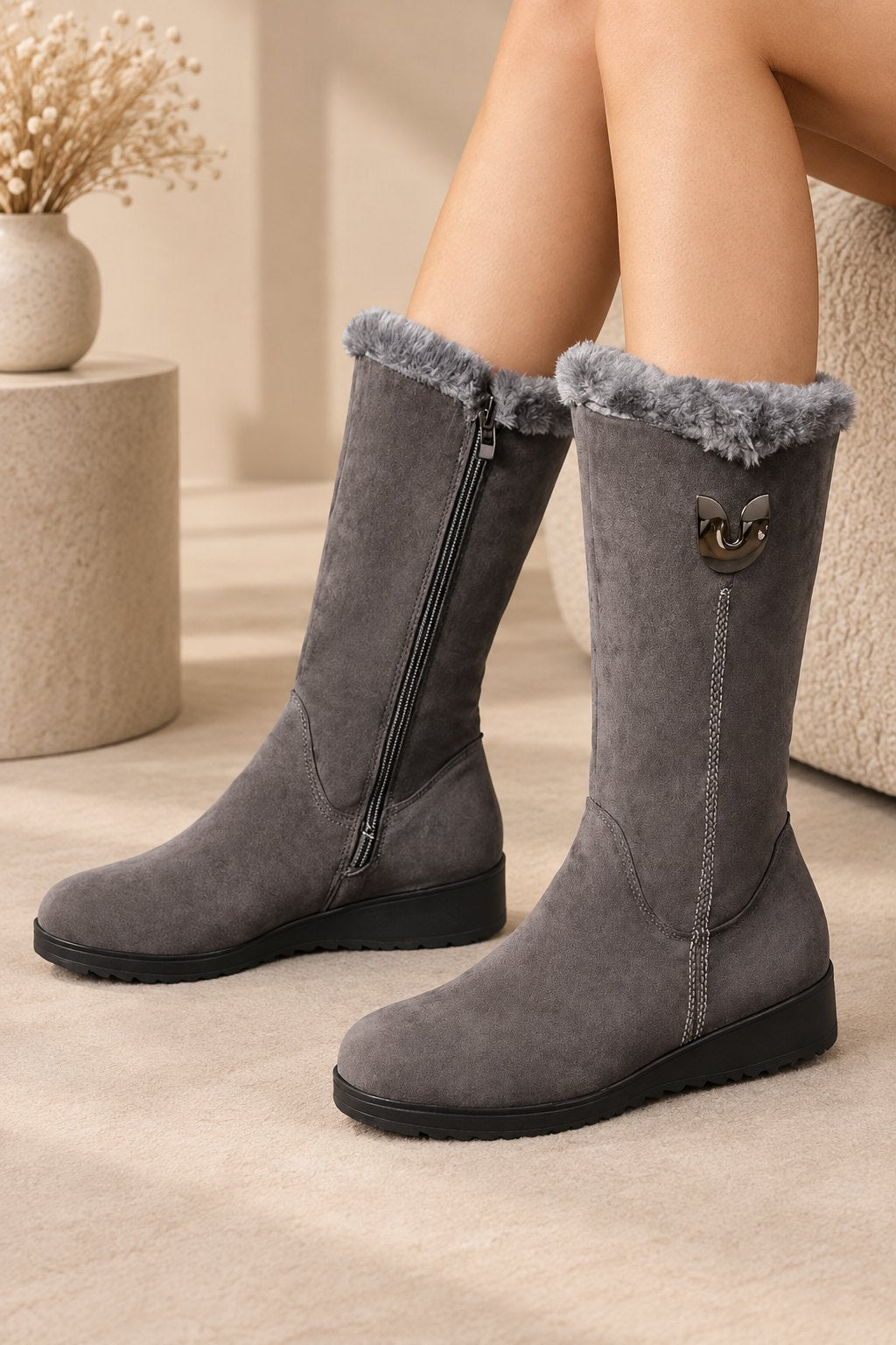Bottes de Neige Mi-Mollet pour Femmes avec Manches en Fausse Fourrure et Design Enfiler
