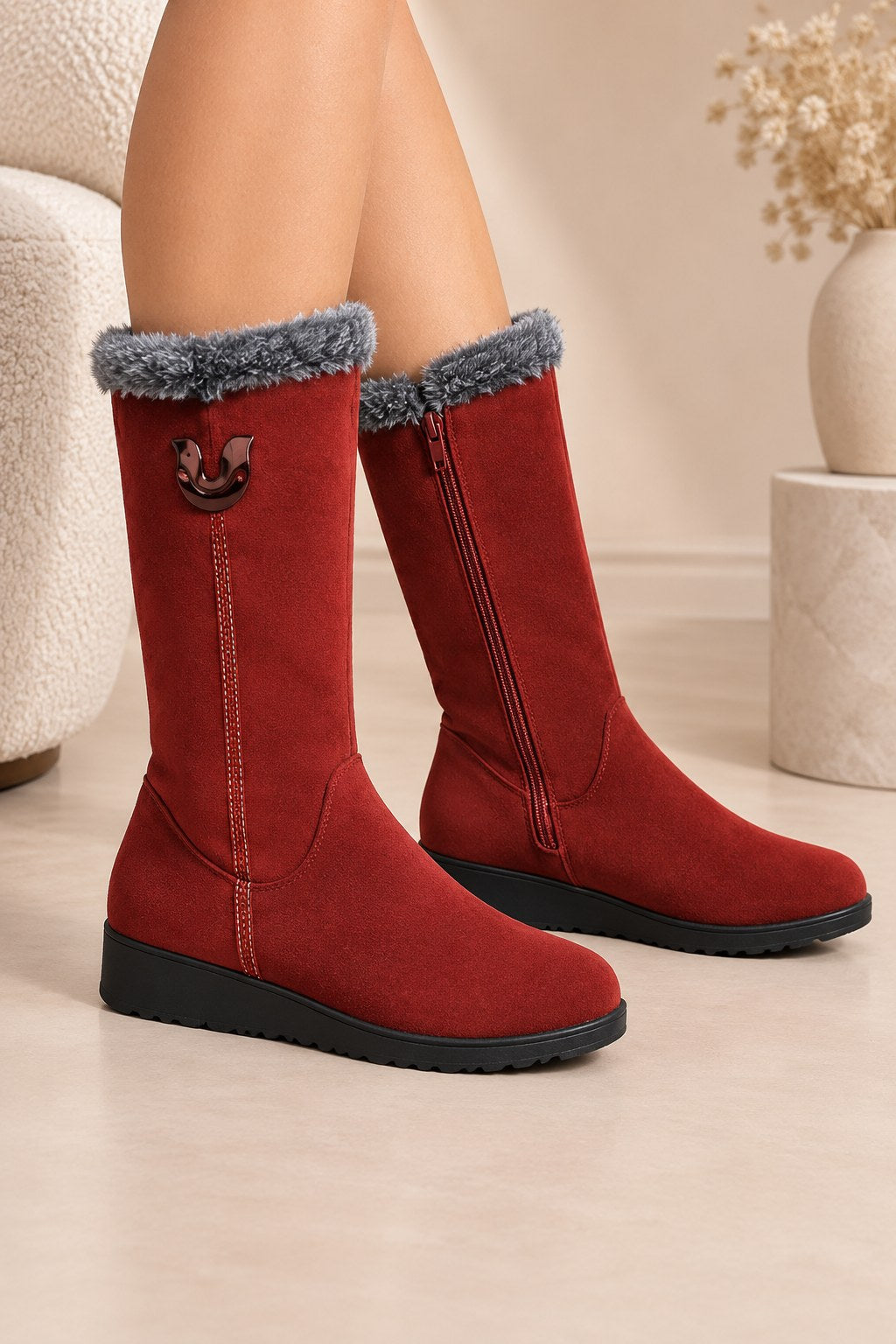 Bottes de Neige Mi-Mollet pour Femmes avec Manches en Fausse Fourrure et Design Enfiler