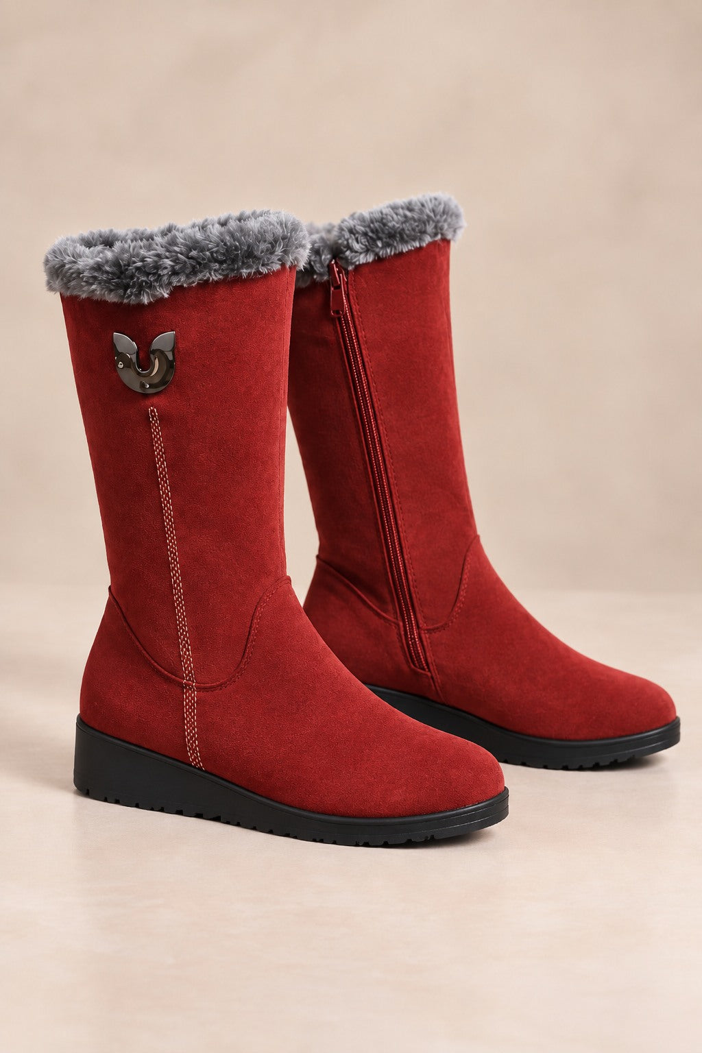Bottes de Neige Mi-Mollet pour Femmes avec Manches en Fausse Fourrure et Design Enfiler