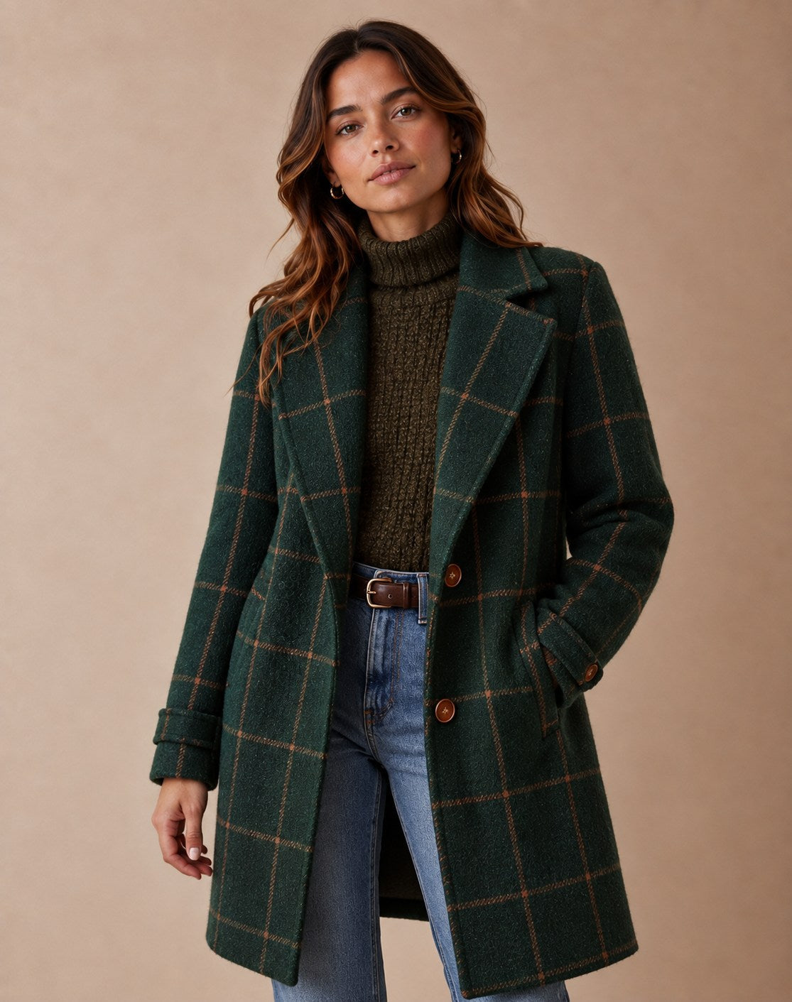 Manteau en Tweed à Carreaux en Laine Mélangée Rétro pour Femmes avec Col à Revers