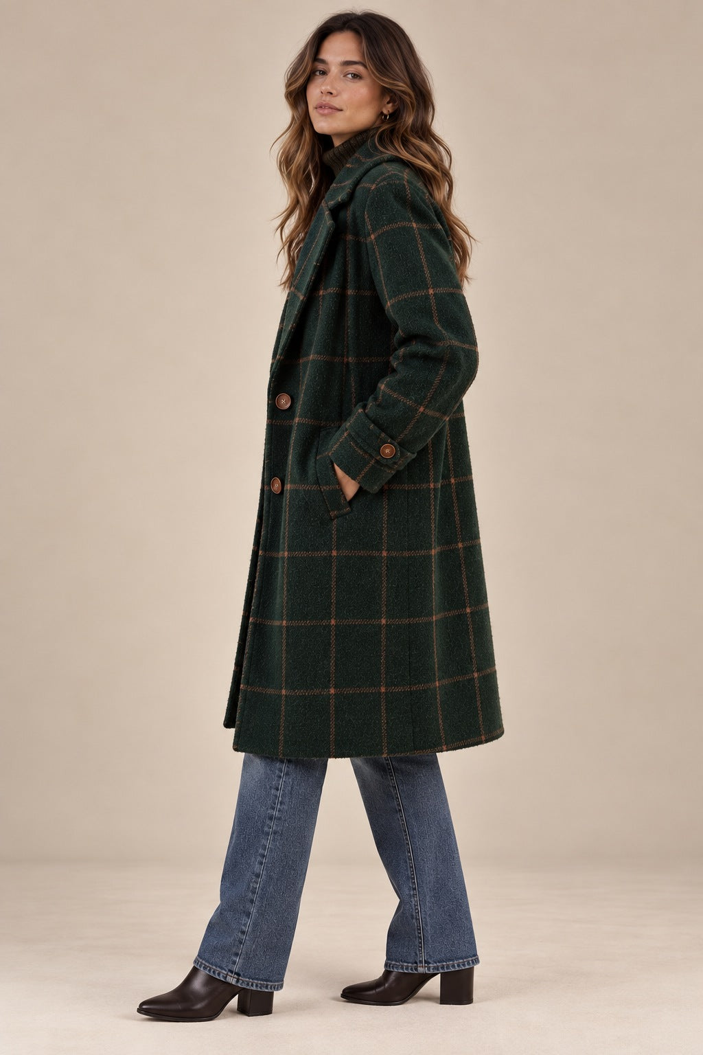 Manteau en Tweed à Carreaux en Laine Mélangée Rétro pour Femmes avec Col à Revers