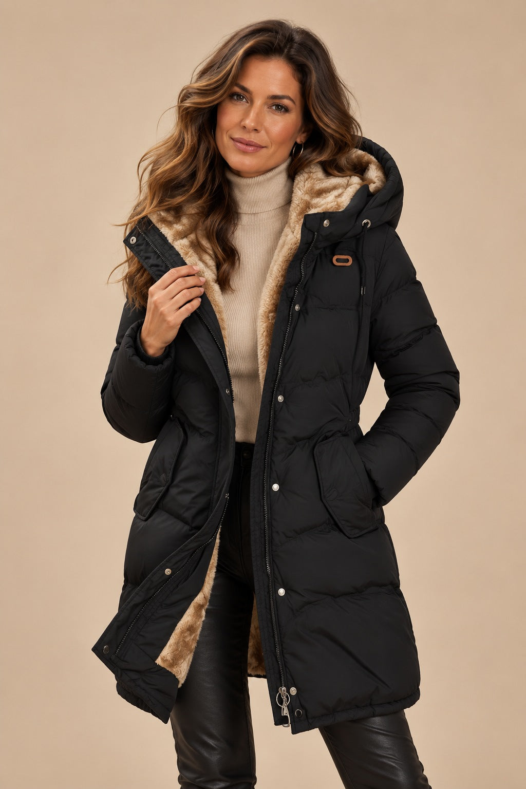 Manteau long en duvet à capuche pour femmes avec taille ajustable à cordon