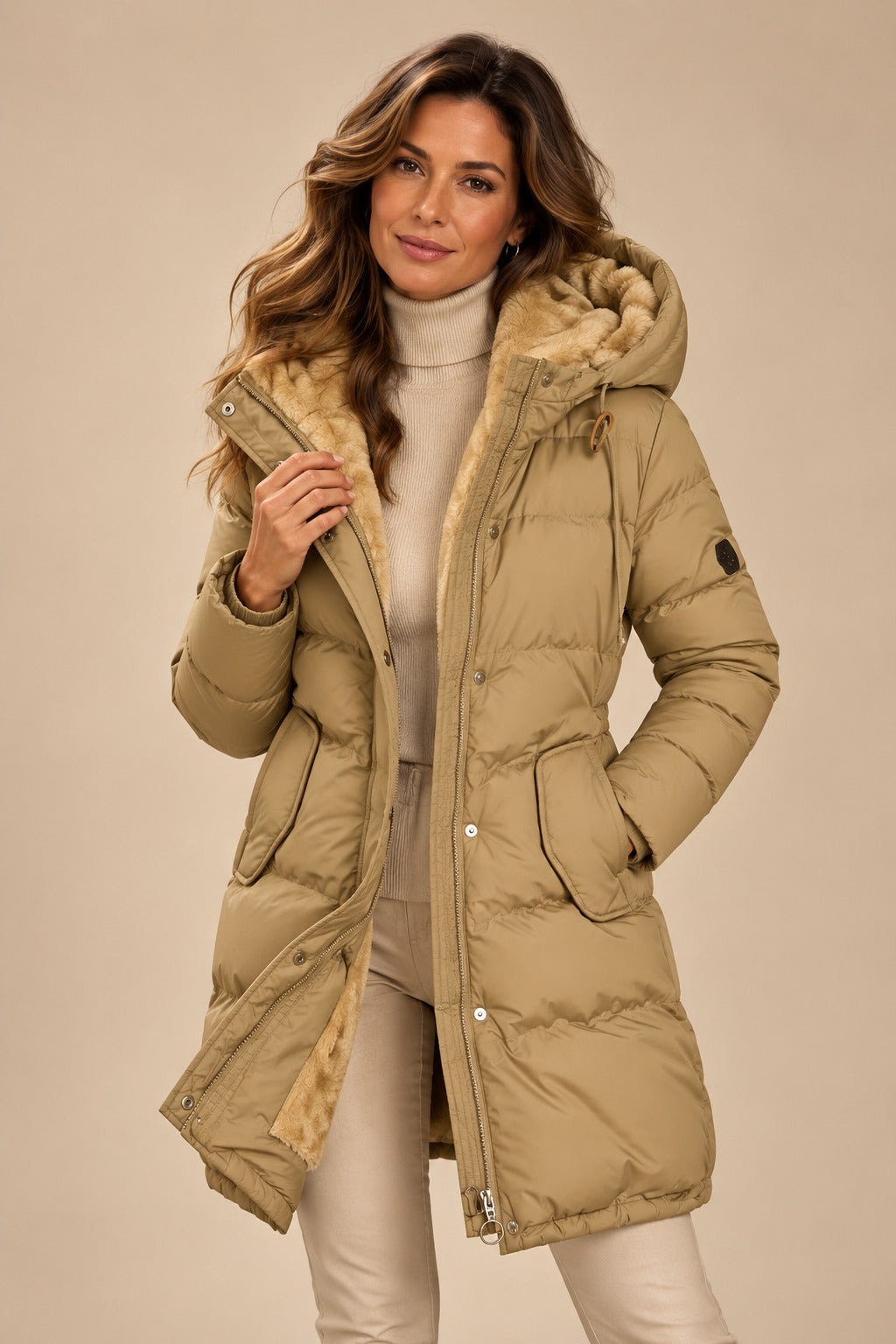 Manteau long en duvet à capuche pour femmes avec taille ajustable à cordon