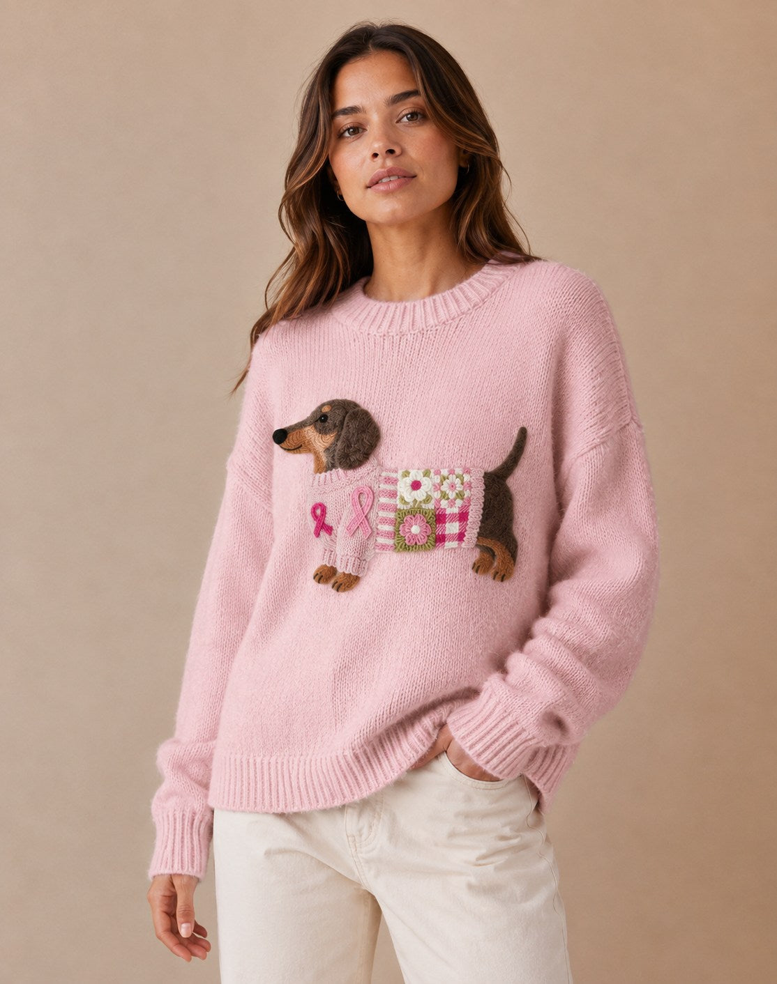 Pull en tricot patchwork pour femmes avec motif de teckel