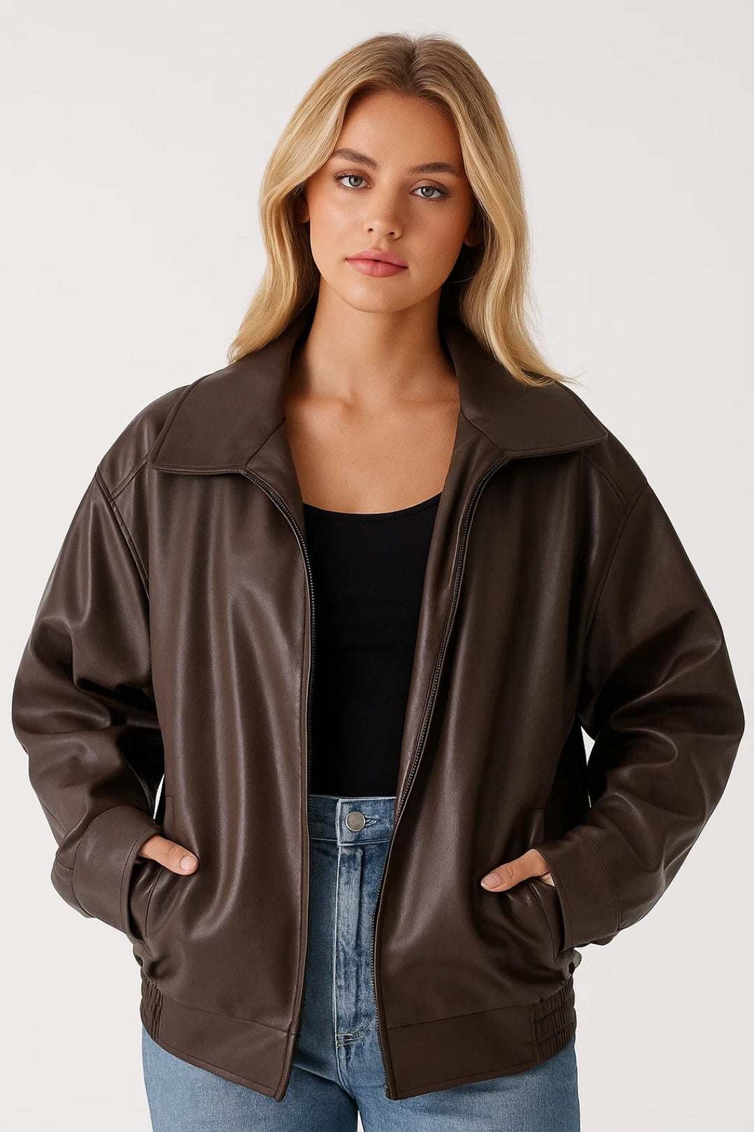 Veste Oversized en Similicuir pour Femmes - Style Urbain avec Fermeture Éclair