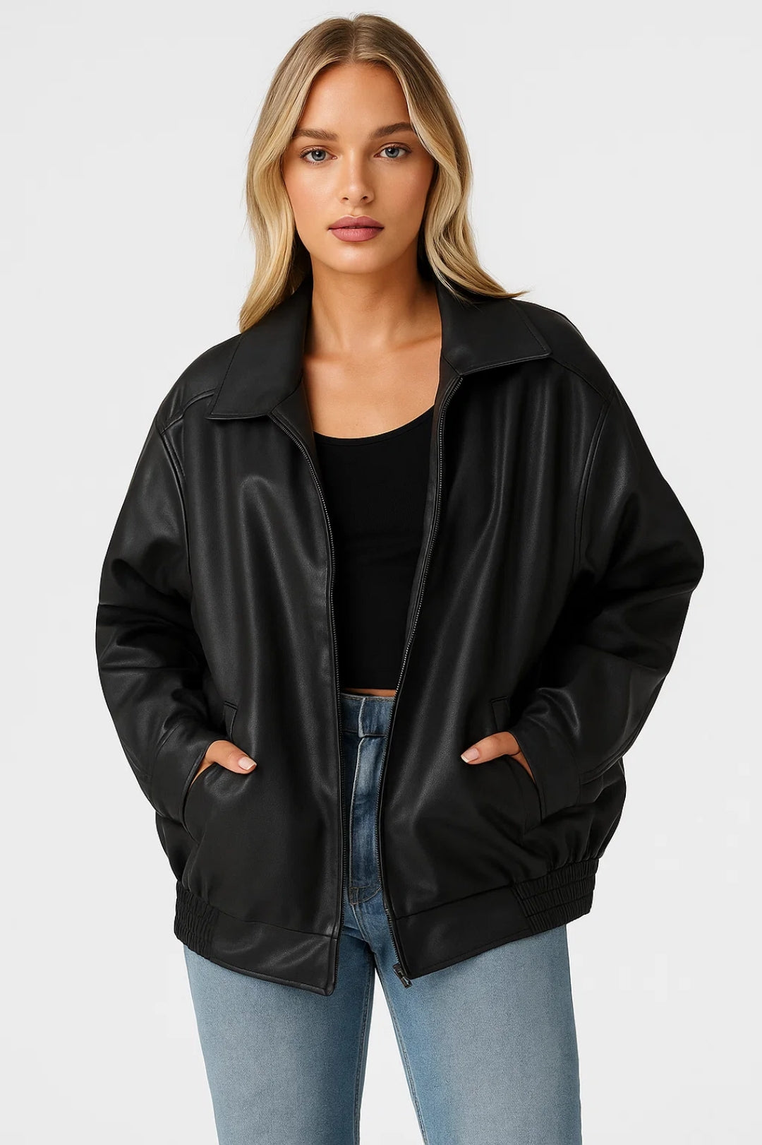 Veste Oversized en Similicuir pour Femmes - Style Urbain avec Fermeture Éclair