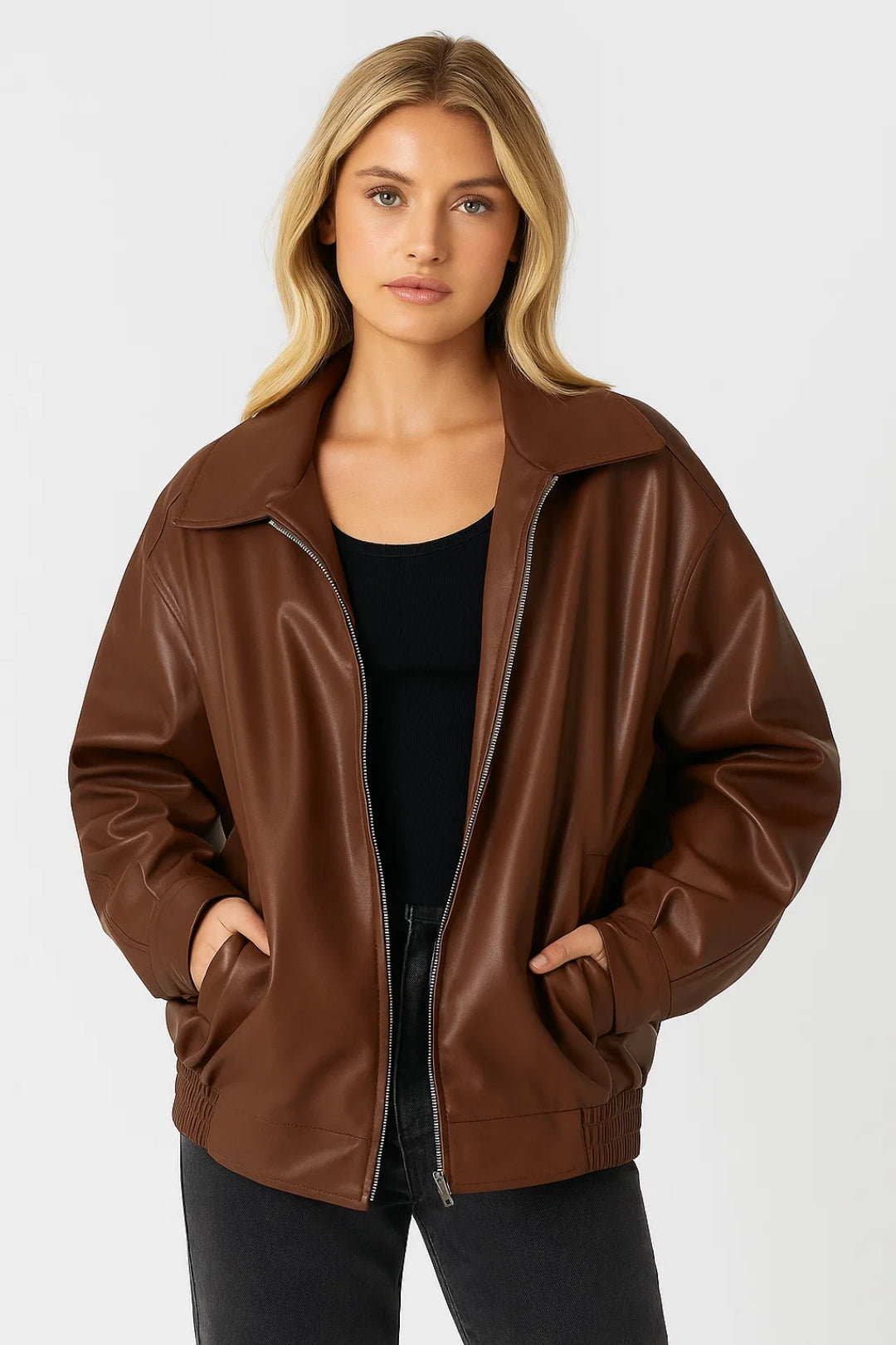 Veste Oversized en Similicuir pour Femmes - Style Urbain avec Fermeture Éclair