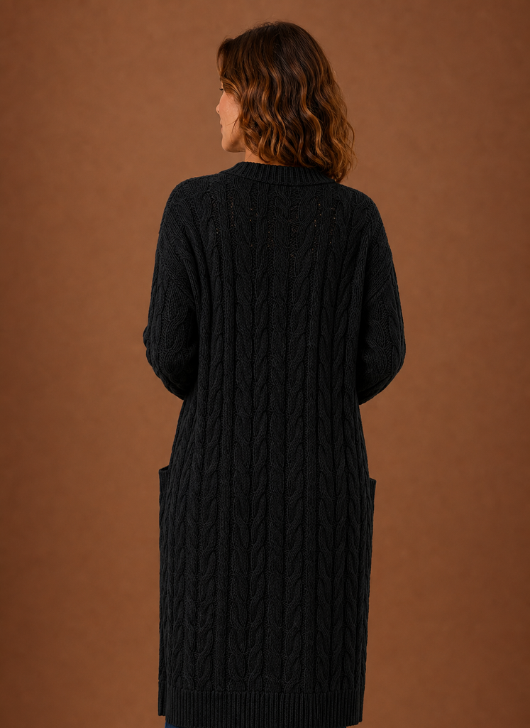 Cardigan long à capuche en tricot torsadé pour femmes