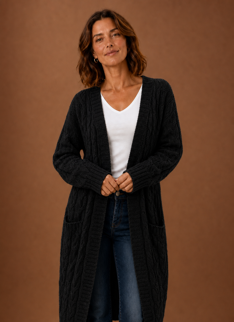 Cardigan long à capuche en tricot torsadé pour femmes