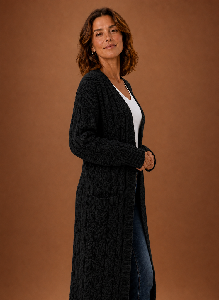 Cardigan long à capuche en tricot torsadé pour femmes