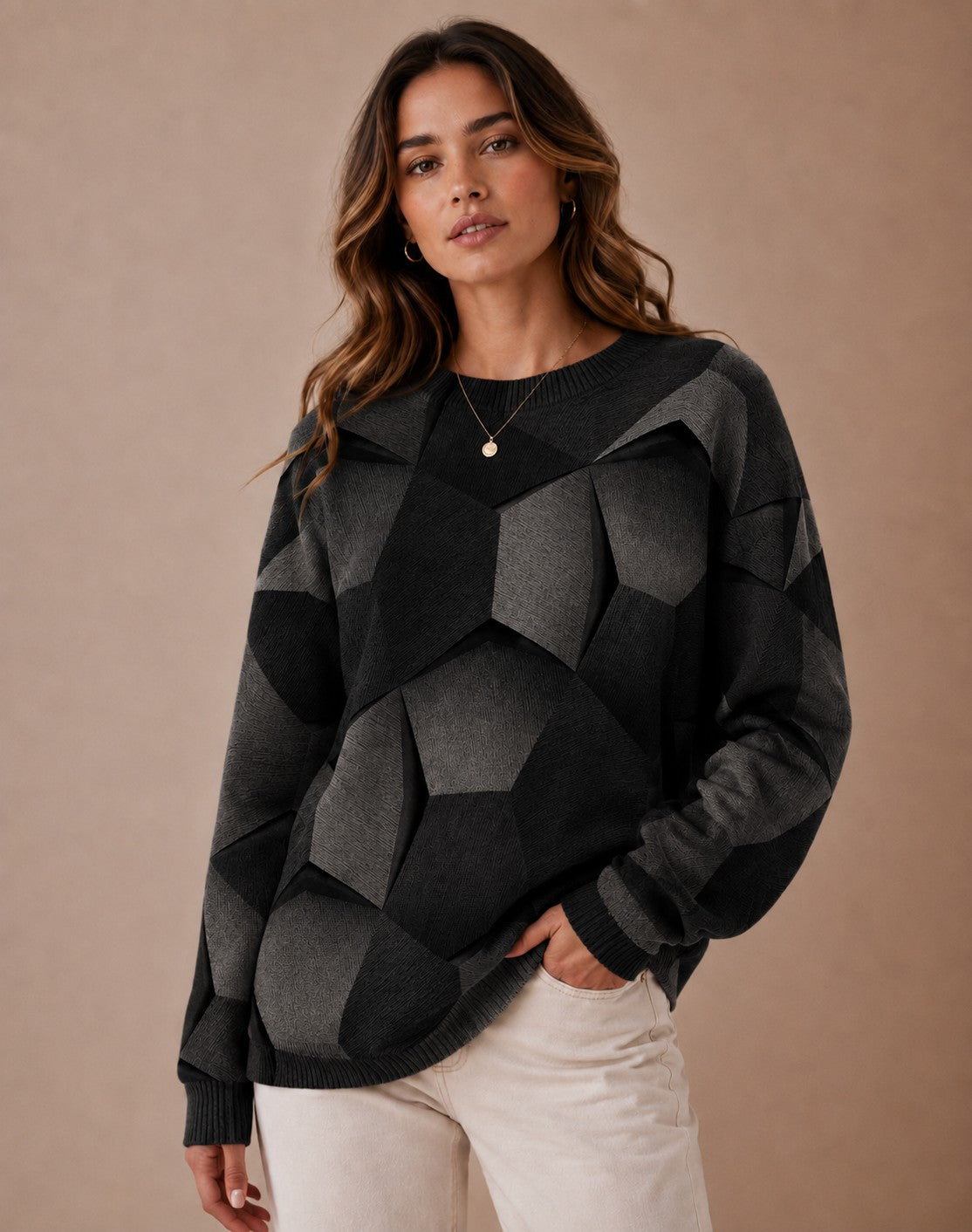 Pull à manches longues pour femmes avec motif tricot géométrique