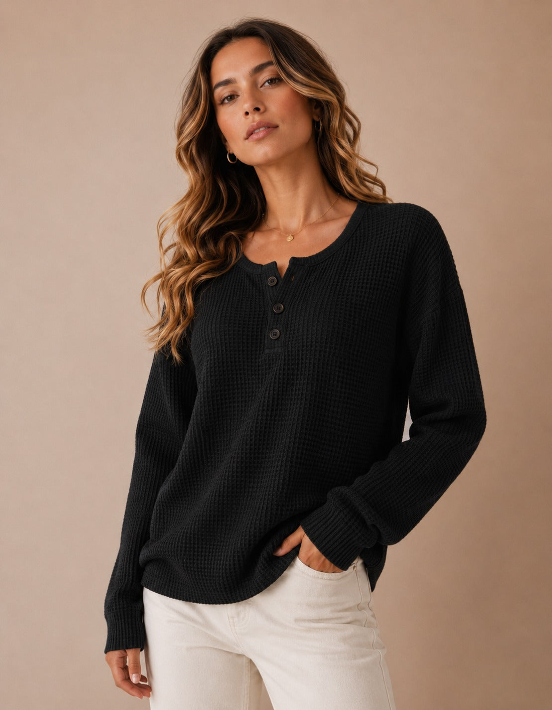 Pull Henley en Tricot Waffle pour Femmes