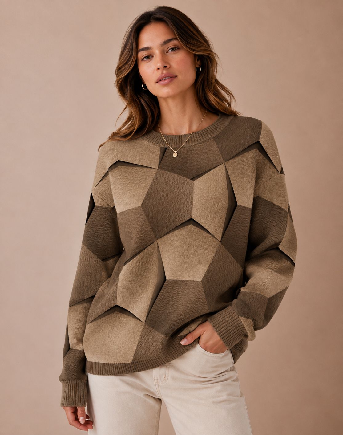 Pull à manches longues pour femmes avec motif tricot géométrique