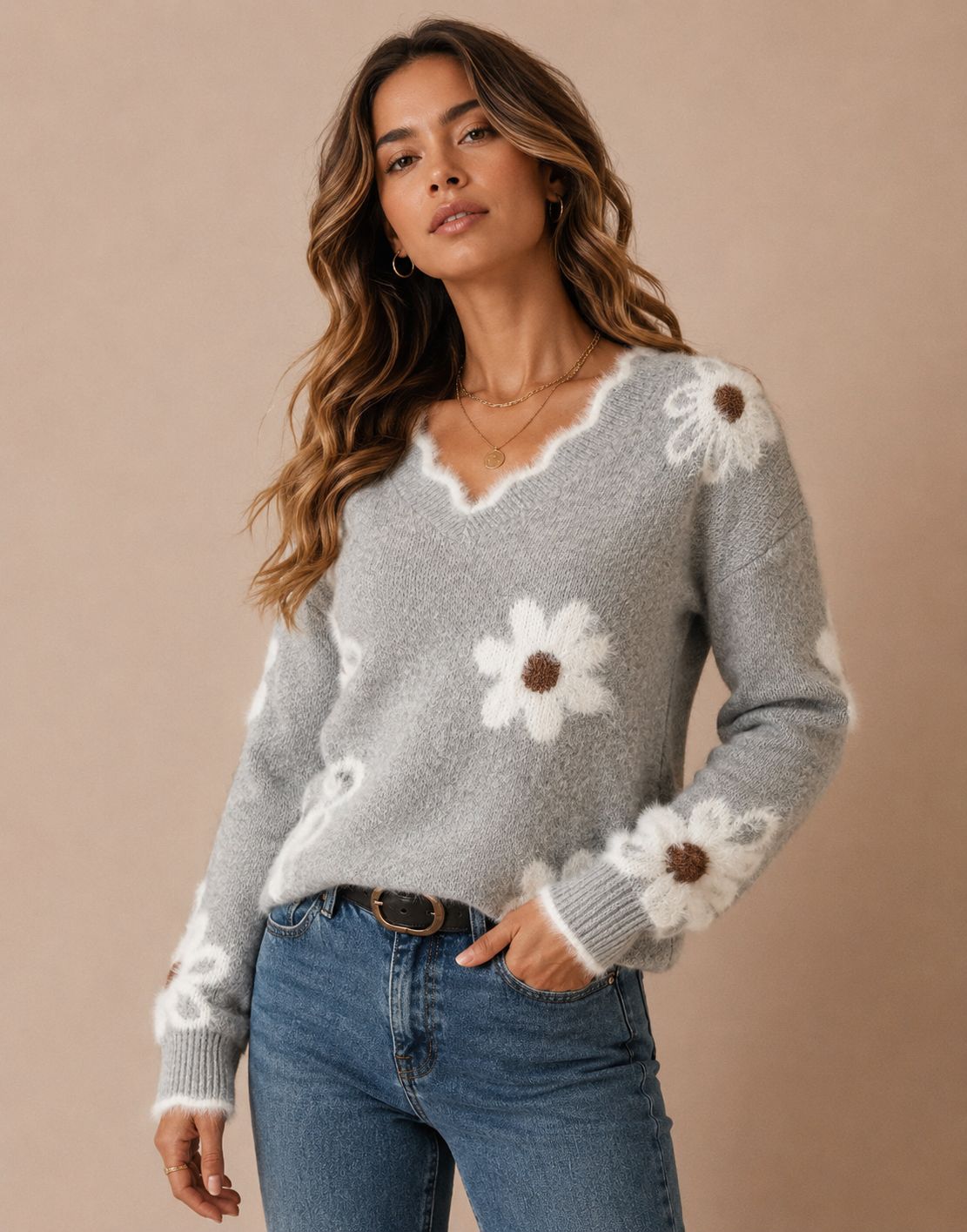 Pull V-neck en tricot floral pour femmes