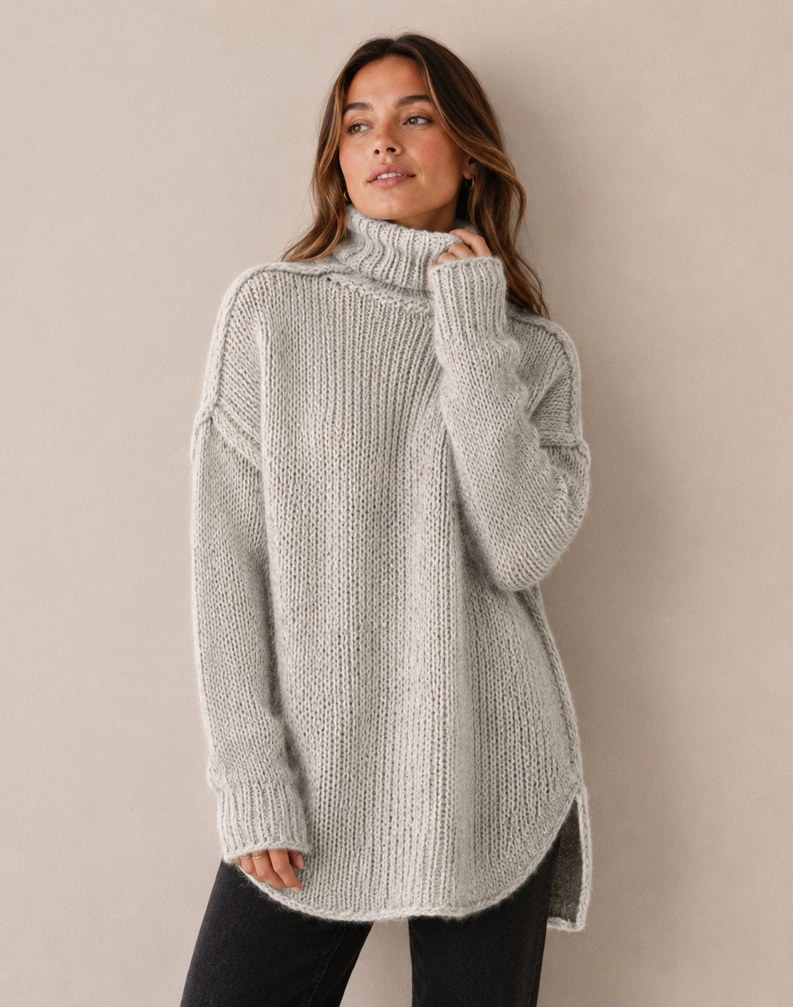 Pull Femme Oversize à Col Roulé en Tricot Épais