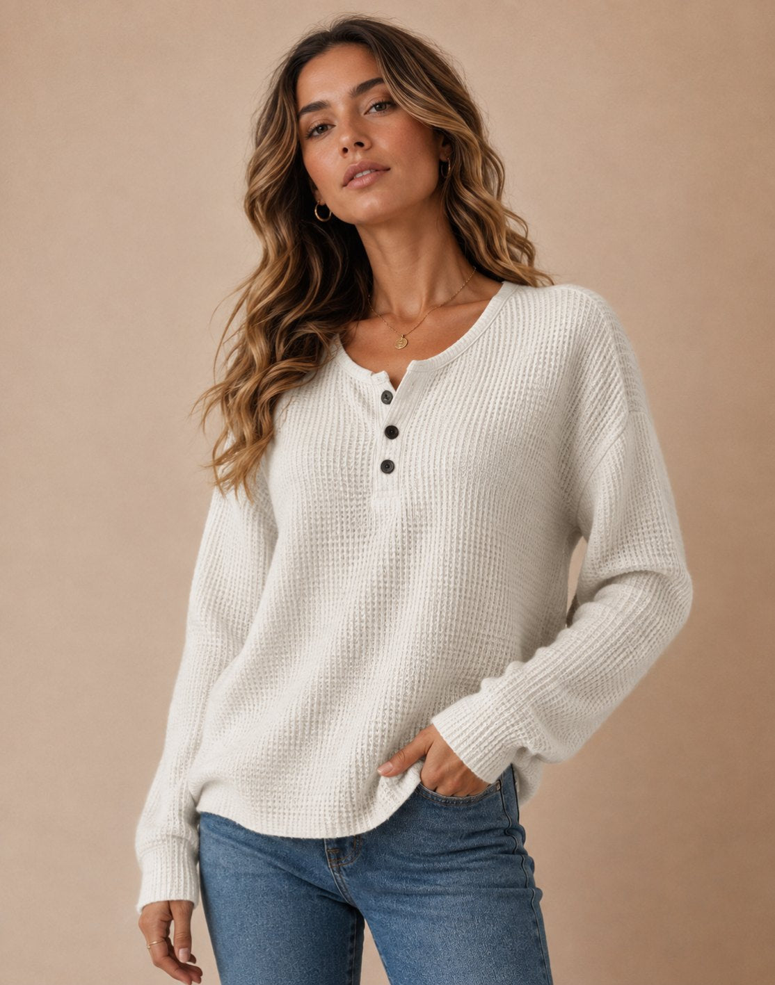 Pull Henley en Tricot Waffle pour Femmes
