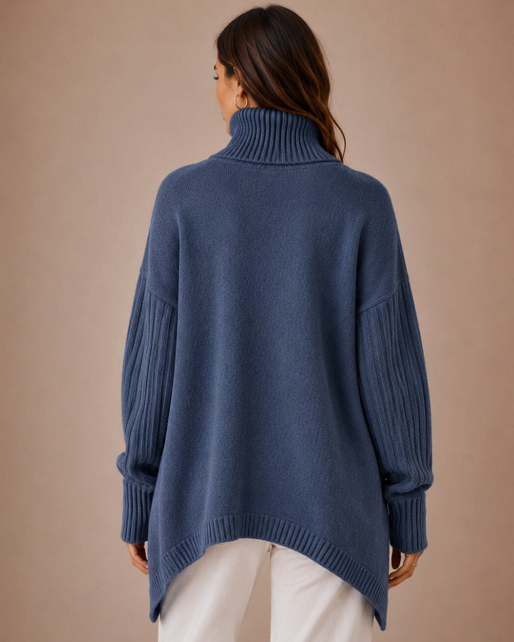 Pull long à col roulé pour femmes en tricot côtelé