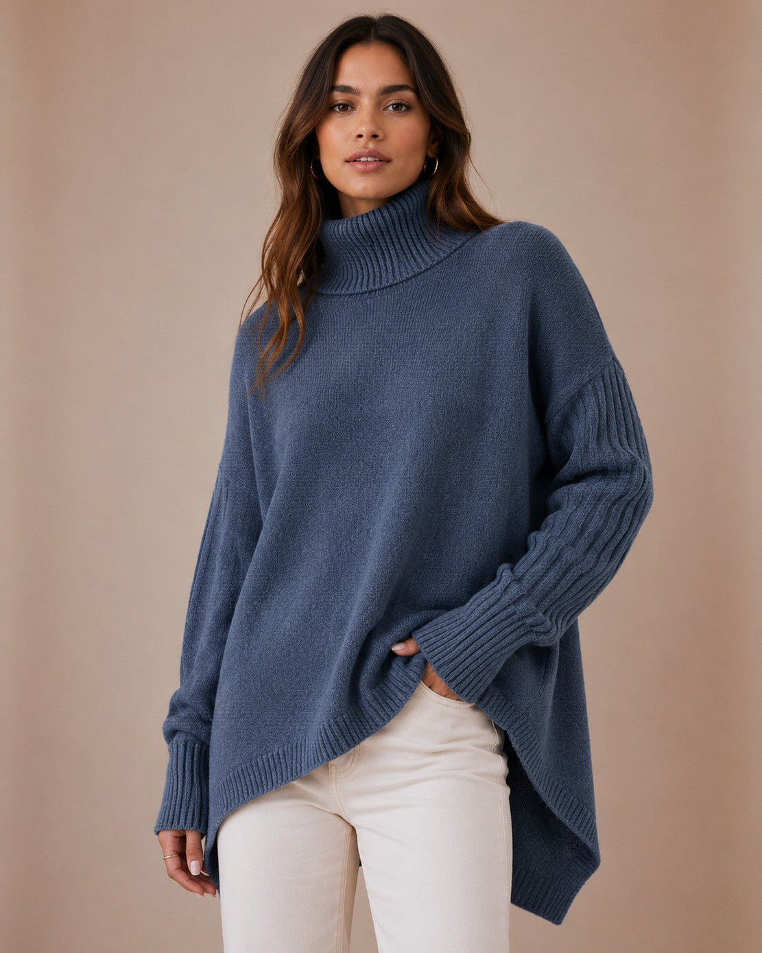 Pull long à col roulé pour femmes en tricot côtelé