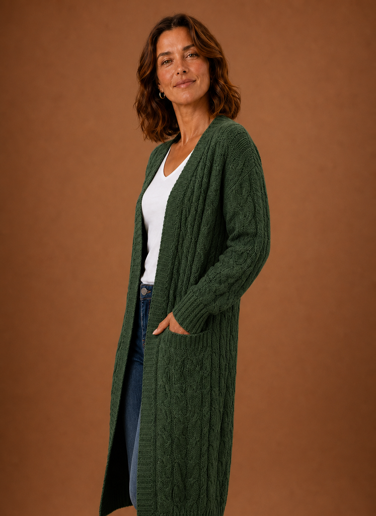 Cardigan long à capuche en tricot torsadé pour femmes