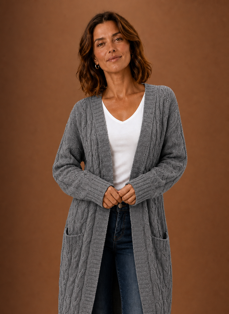 Cardigan long à capuche en tricot torsadé pour femmes