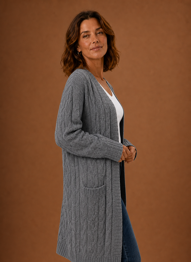 Cardigan long à capuche en tricot torsadé pour femmes