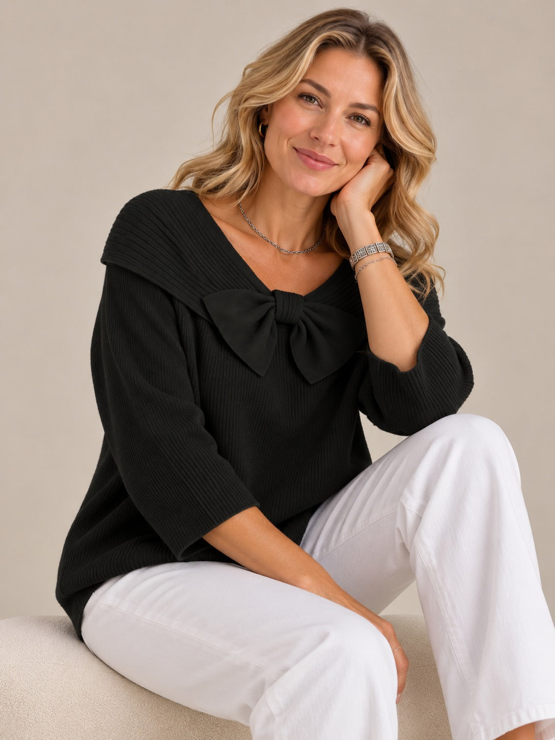 Pull Ajusté avec Détail Nœud Élégant — Haut Tricoté Femme