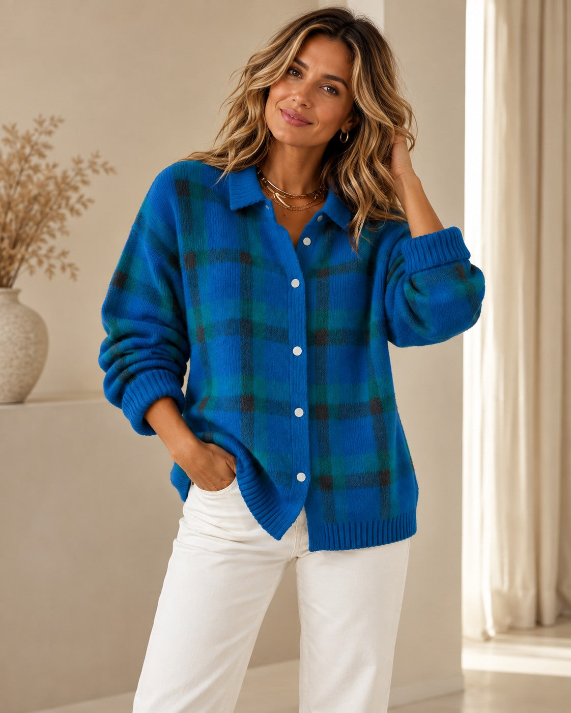 Gilet en Tricot à Carreaux pour Femmes — Design Rétro à Motif Check