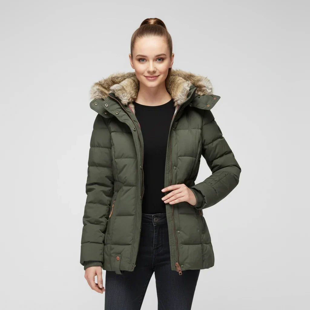 Veste matelassée à capuche pour femmes avec bordure en fausse fourrure